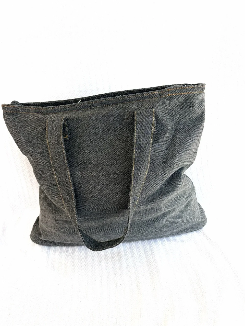 Guess Authentic Vintage 1990s Dark Gray Canvas Tote, White Logo Yellow Stitch